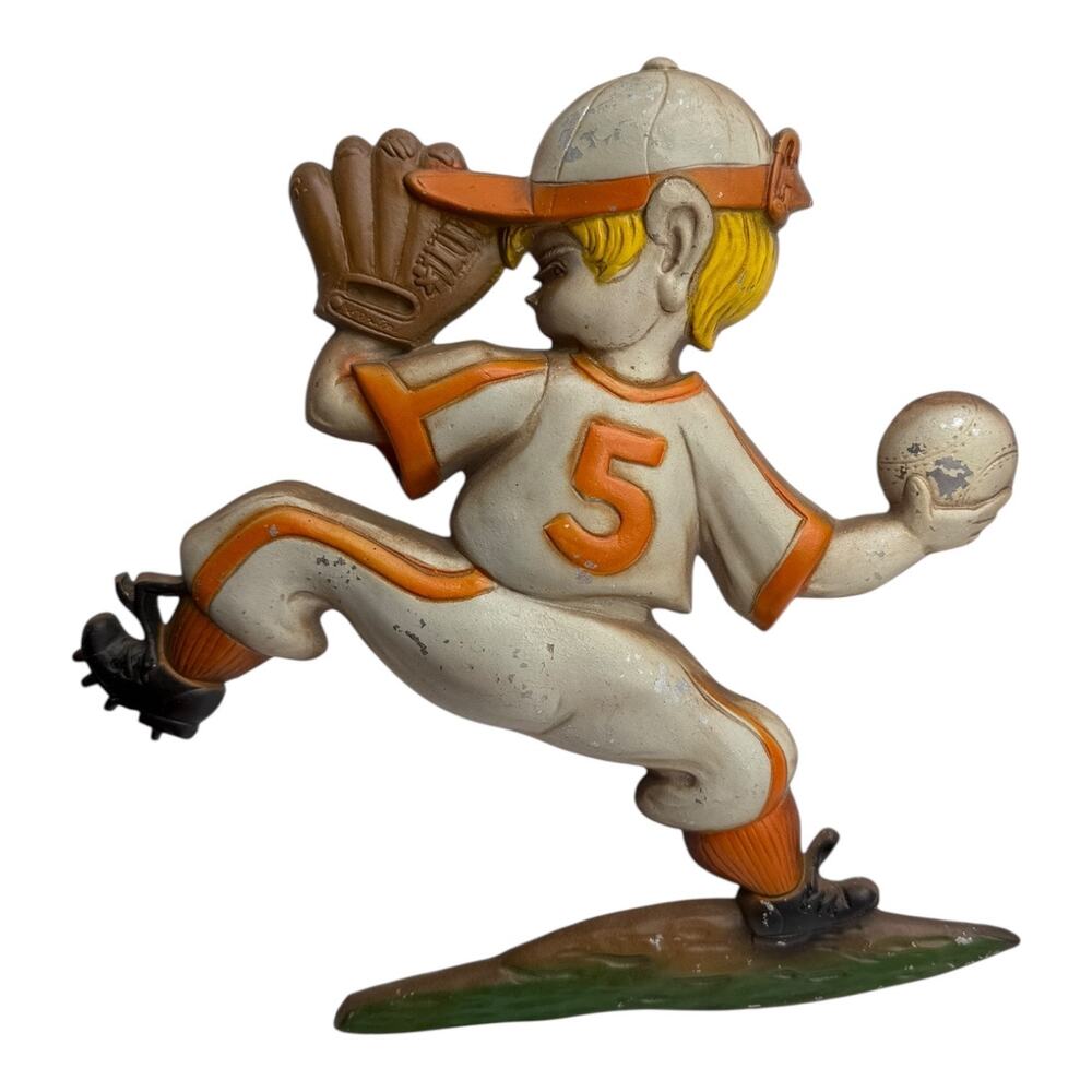Vtg 1970‎ Sexton Metal Wall Plaque Baseball Player Pitching Orange Gray Uniform